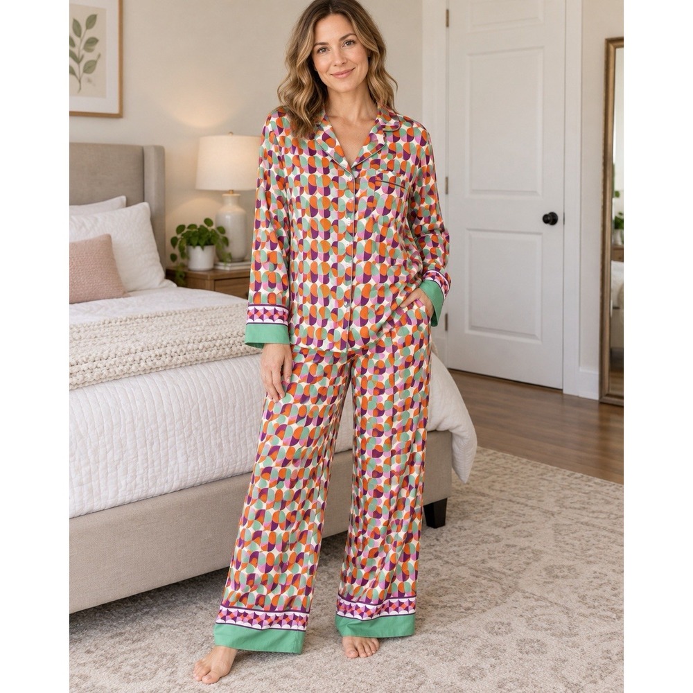 By anthropologie 2 Piece Set M Geometric Print Blouse Wide Leg Pants Pajama